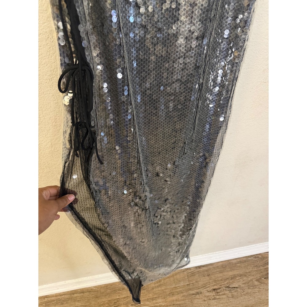 Topshop Sequin Mesh Side Tie Maxi Dress Silver US 10 Y2K Glam Festival Gown - Picture 6 of 10